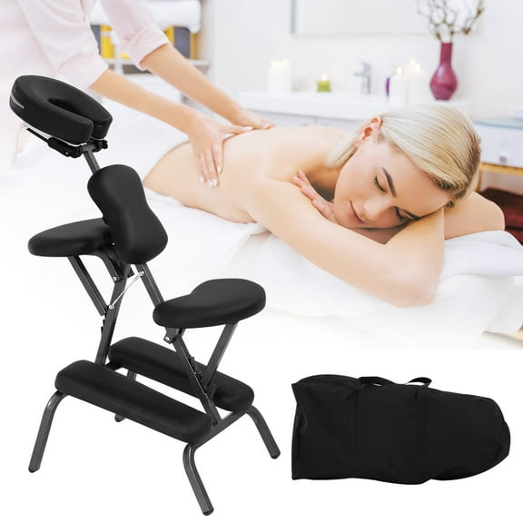 Portable Massage Chair Folding PU Leather Tattoo Chair 4 inch Thick Sponge Salon Spa Chair w/Face Cradle Carrying Bag, Adjustable Light Weight Massage Chairs, Black