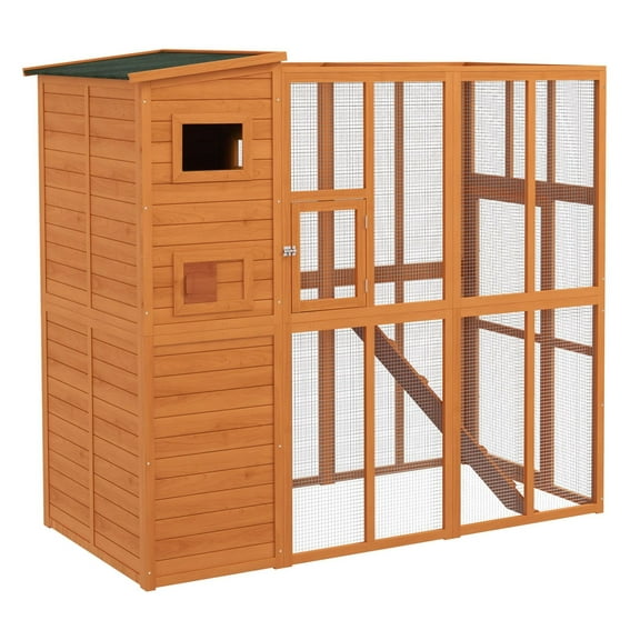 KWUXIN Outdoor Cat House Catio, 77"L Wooden Feral Cat Shelter with Door, Weather-Resistant Asphalt Roof, Natural Wood Finish
