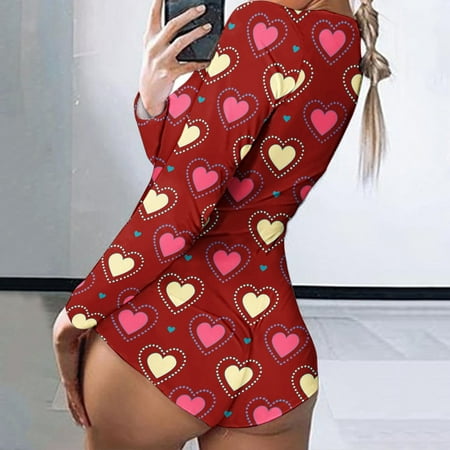 

TANGNADE Women Valentine s Day Printing Long Sleeve Nightwear Jumpsuit Bodysuit Playsuit Romper