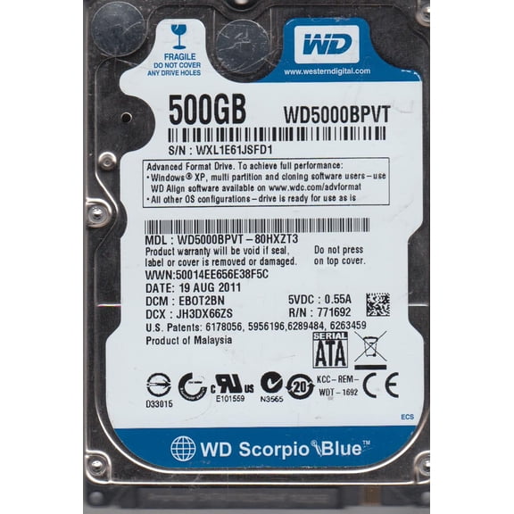 WD5000BPVT-80HXZT3, DCM EBOT2BN, Western Digital 500GB SATA 2.5 Hard Drive