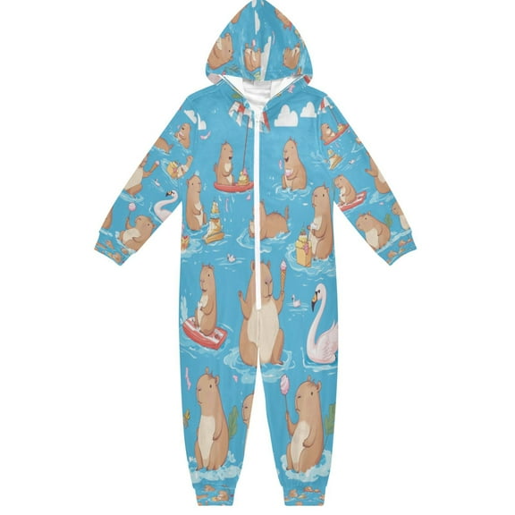 Soft Big Kids Onesie Pajamas Cozy Loose-Fit Jumpsuits for kids with Pockets for Christmas Lounge & Play Capybaras Pattern