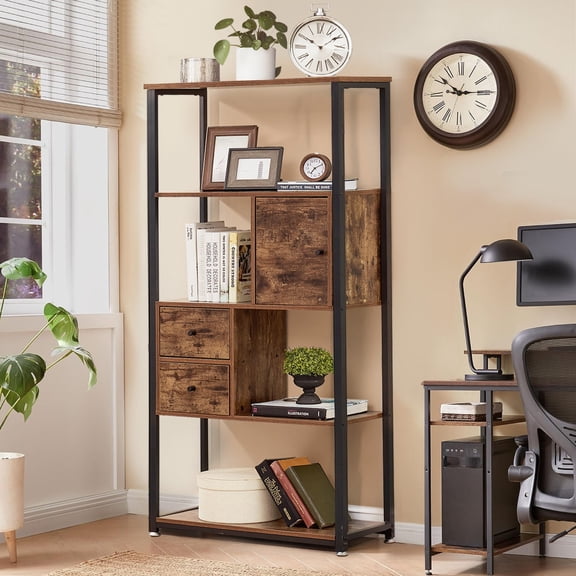 VECELO 5 Tier Bookshelf, Tall Book Shelf Storage Organizer, Vintage Industrial Style Bookcase for Bedroom Living Room Home Office, Brown