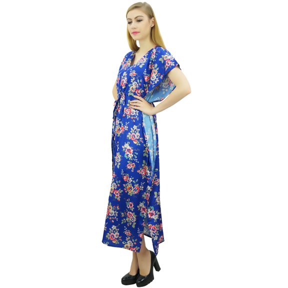 Bimba Women's Long Satin Maxi Drawstring Floral Kaftan Kimono Blue Gown - 8