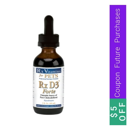 Rx Vitamin D3 forte for dogs and cats Helps immune system Health and function, calcium absorption Paletable Source of Pure Cholecalciferol Hypoallergenic 2 Ounces