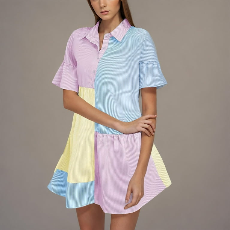 Colorful T Shirt Dress for Women Collared Button Down Shift Dress A Line  Flare Striped Cute Teen Girls Preppy Outfit - Walmart.com