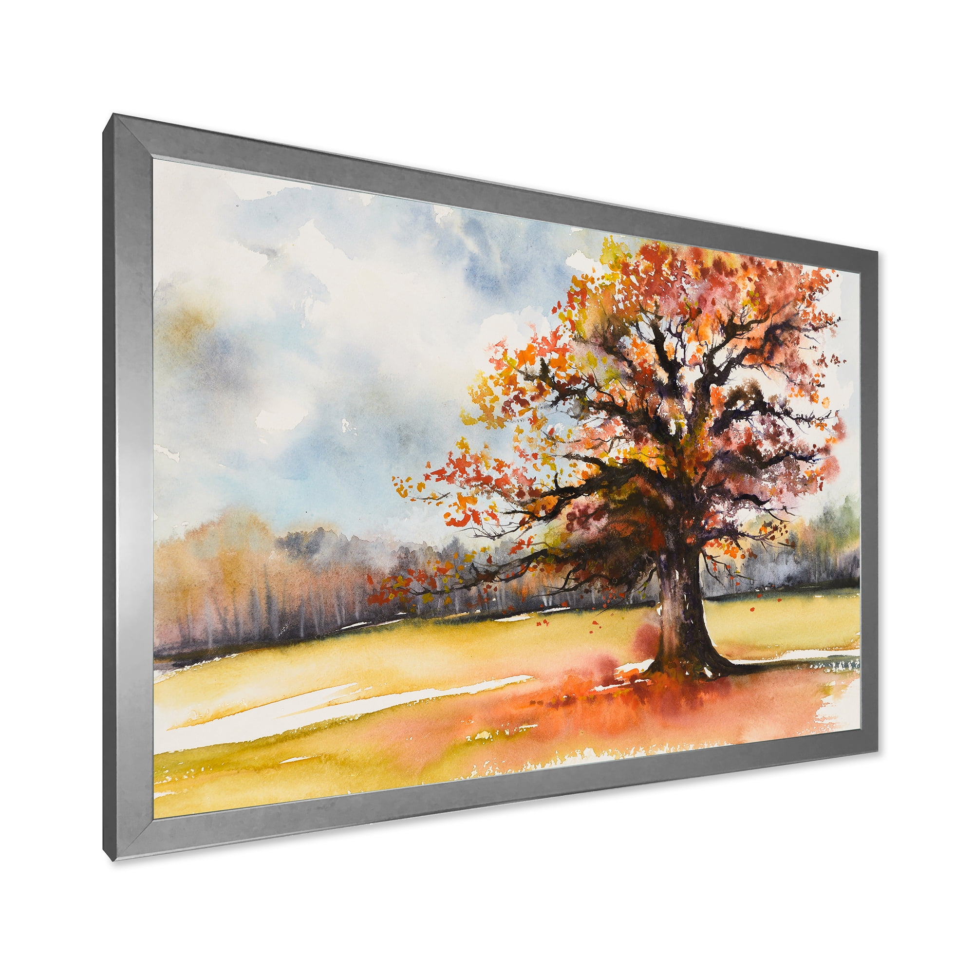 Designart 'Lone Oak Tree In The Fields With Autum Leaves' Traditional Framed Art Print