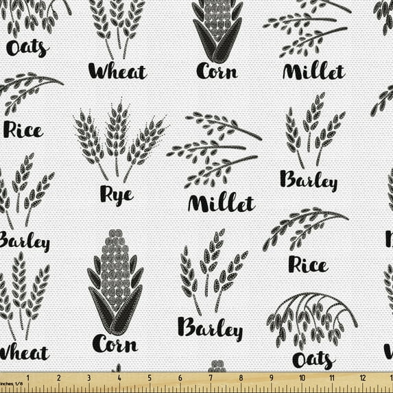 Harvest Upholstery Fabric by the Yard, Monotone Style Cereals Grains with Hand Written Names Informational Print, Decorative Fabric for DIY and Home Accents, 2 Yards, Charcoal Grey White by Ambesonne