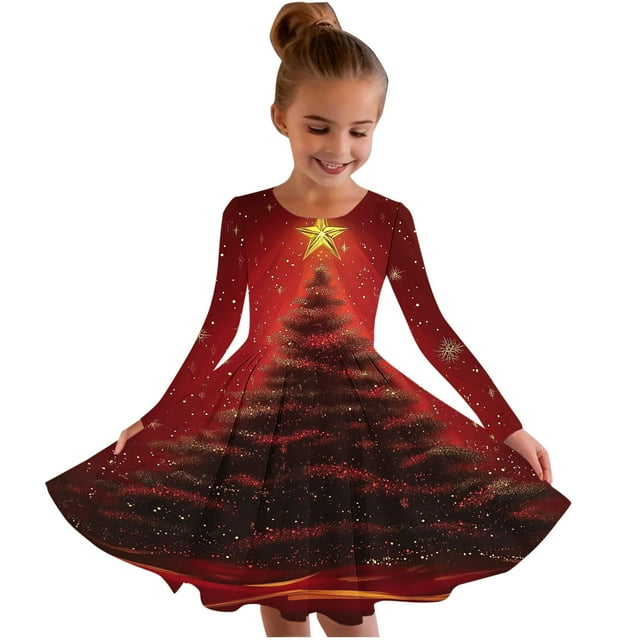 RXMEKW Robe Patineuse de Noël Imprimée pour Filles Manches Longues Col Rond Robe de Fête Tournoyante pour Vacances École et Festivals