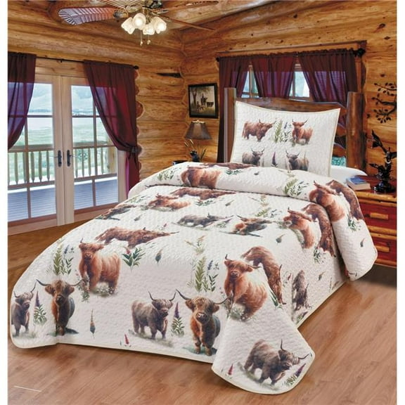 De Leon Collections 63846 Blooms and Horns Happy Highland Cow Rustic Ranch Farmhouse Decorative Quilt Bedding Set Twin Quilt   1 Pillow Sham