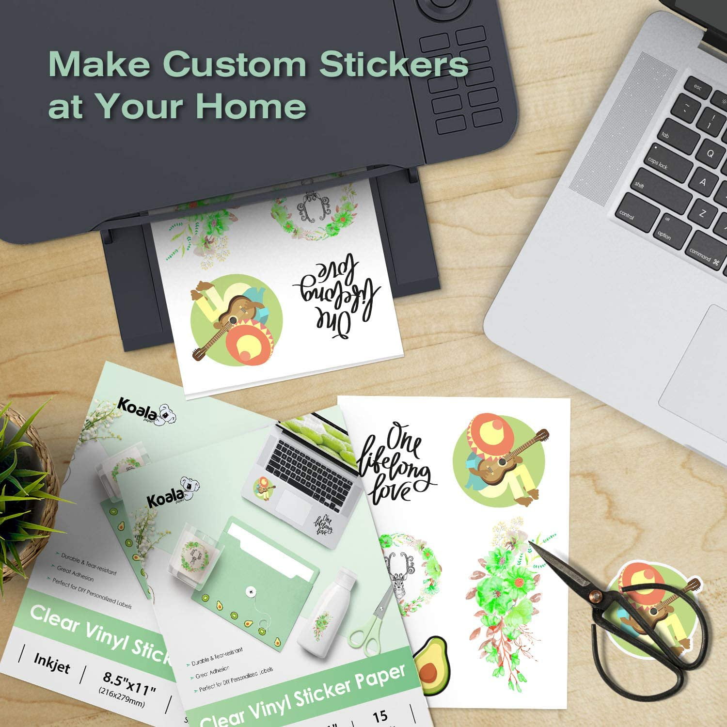 45 Sheets Koala Printable Vinyl Sticker Paper Waterproof  Transparent Clear Sticker Paper 8.5x11 Glossy for Inkjet Printers
