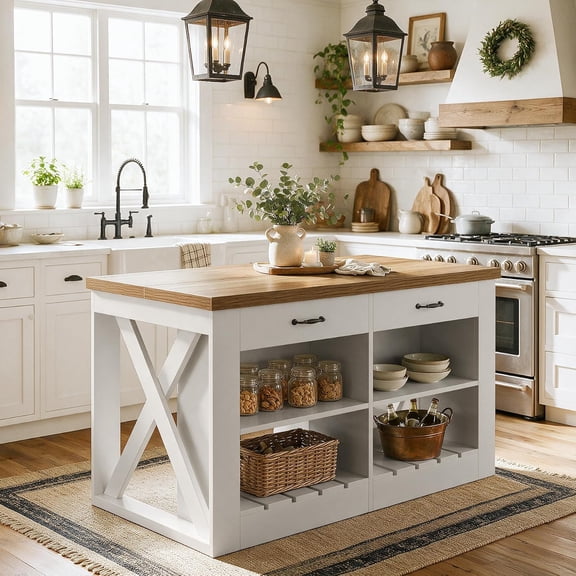 Finmind 55" Farmhouse Kitchen Island with 2 Drawers & Storage Shelf, Wooden Stationary Island Table with Seating Area, White & Brown