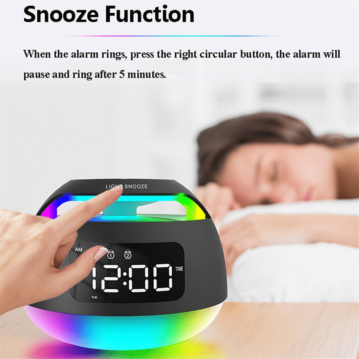 Portable LED Alarm Clock Radio  ColorfulLight Radio Receiver Wireless Bluetooth Speaker with DualAlarm Clock Snooze,B