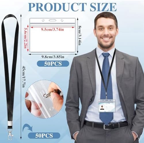 50 Pack Name Tag Lanyards with Id Holder, Clear Plastic Horizontal Name Tags Holders and Black Badge Lanyards with ID Holder for School Office Team Workers Volunteers (Black)