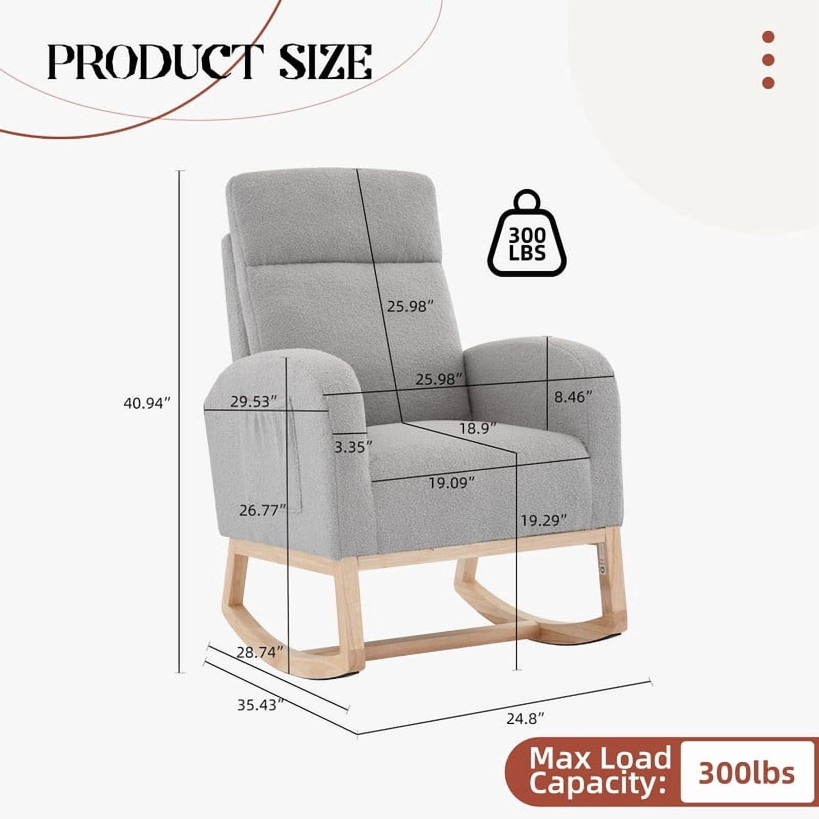TROPOW Nursing Rocking Chair, Modern Upholstered Glider Rocker with High Back & Side Pocket for Nursery, Breastfeeding, Living Room & Bedroom