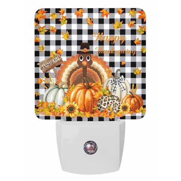 Fall Night Lights Auto Sensor Turkey Pumpkin Plug-in LED Nightlights Dusk to Dawn for Living Room, Bedroom, Stairways Thanksgiving Wall Decor, Maple Leaf Happy Thanksgiving Plaid Night Light