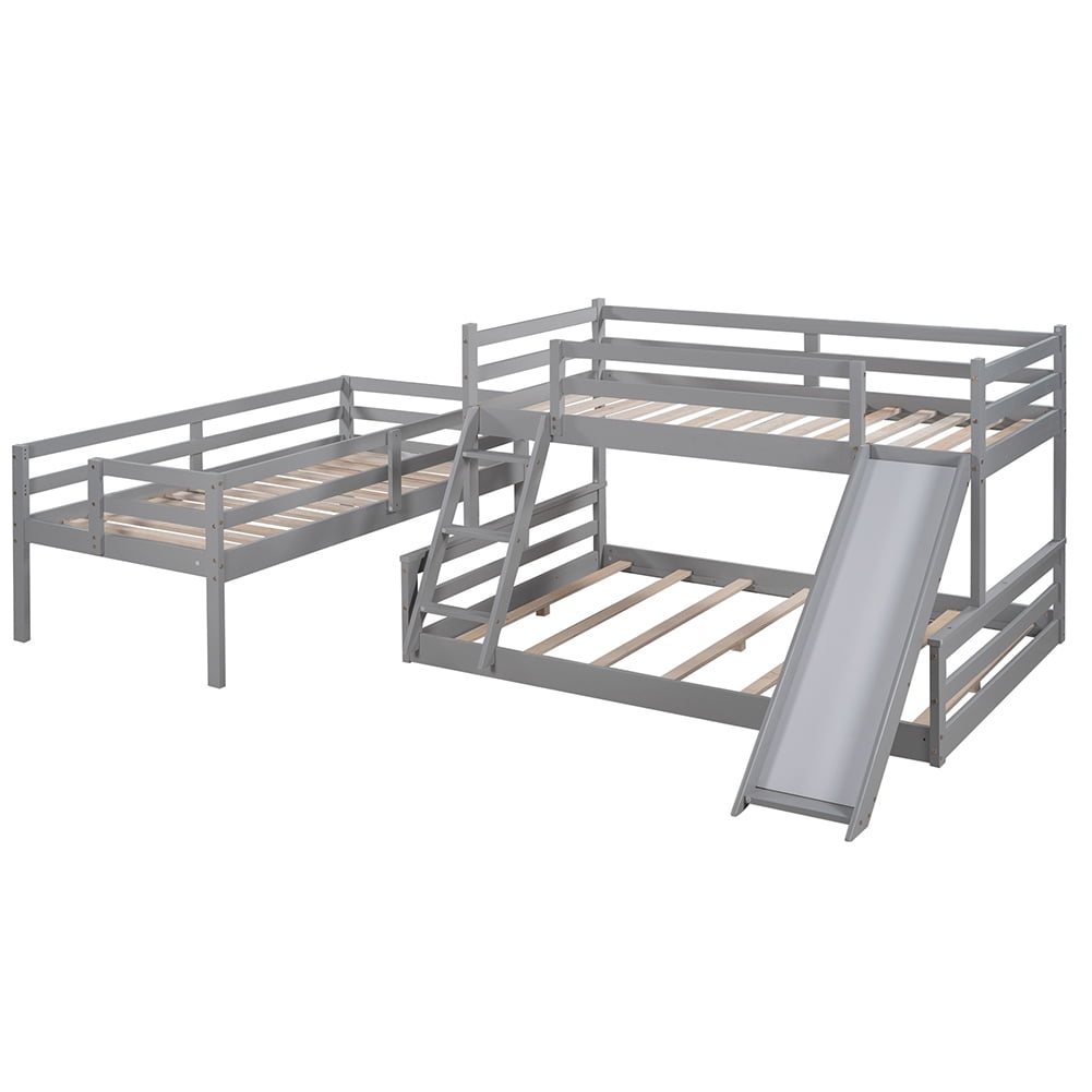 Kadyn Twin over Twin over Full Triple Bunk Bed with Convertible Ladder and Slide,Gray