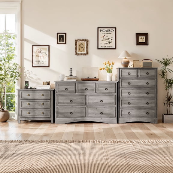 Holliwill Dresser Nightstands Set, 3 Pieces Bedroom Furniture Set, Wide 7 Drawer Dresser, Tall 6 Drawer Dresser and 3 Drawer Nightstand with Outlets, Grey