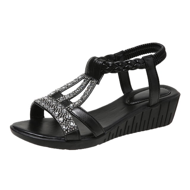 Womens Wedge Sandals Elastic Rhinestone Weave Straps Open Toe Low Heel Soft Sole Non Slip Lightweight Summer Sandals Black