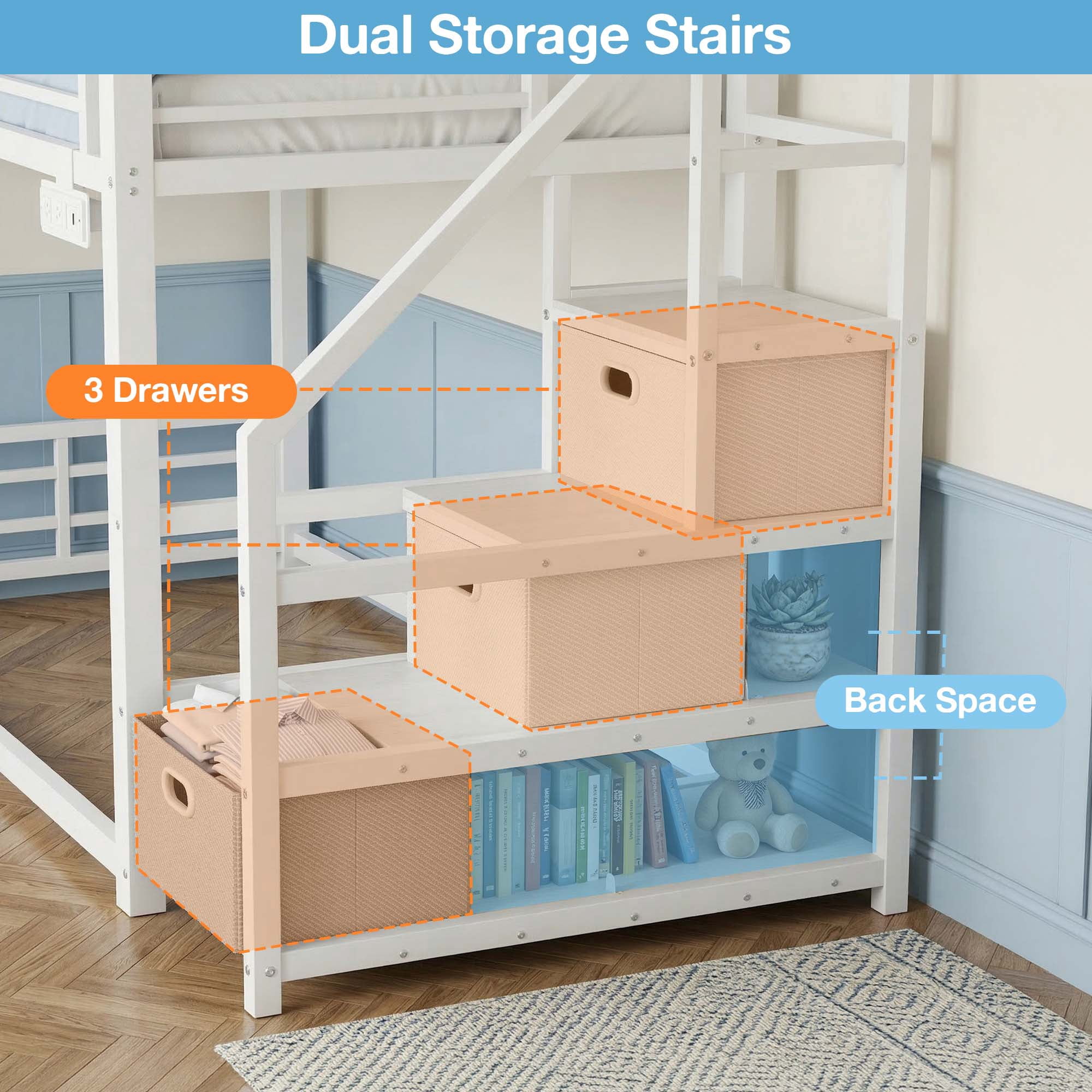 Twin Over Twin Bunk Bed with Storage Stairs, Movable Charging Station and LED Lights, White
