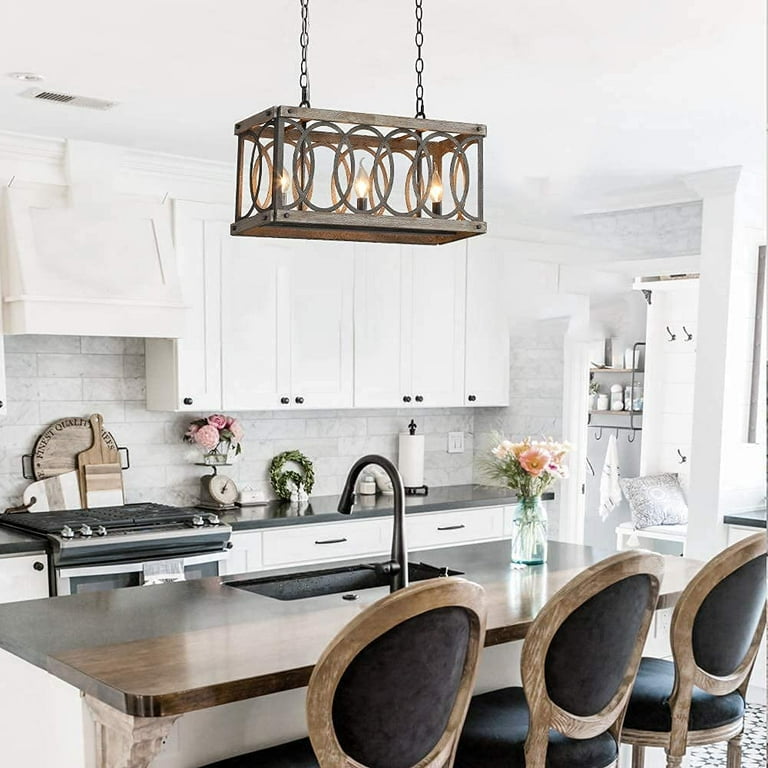 TOMIYA Wood Metal Rectangular Chandelier 3 Light Kitchen Island