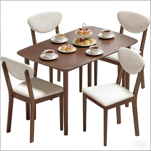47-Inch 5-Piece Dining Table Set, Walnut Finish Table with 4 Cream White Upholstered Chairs, Space-Saving Compact Kitchen Dinette