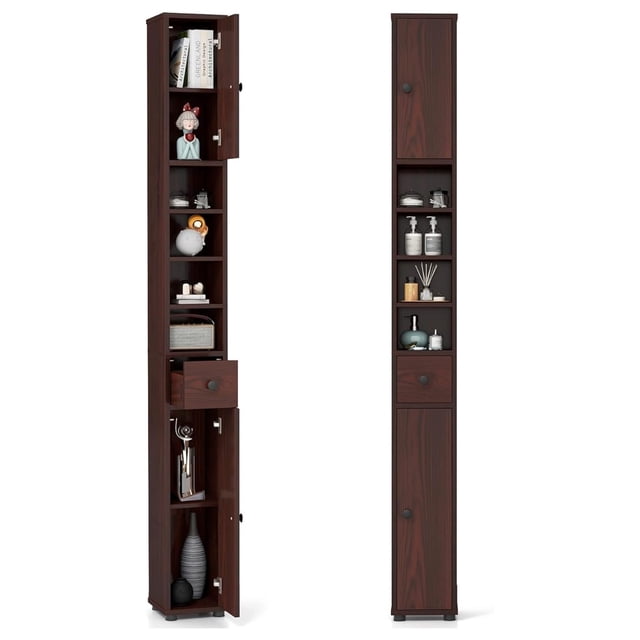 71" Tall Slim Bathroom Storage Cabinet, Freestanding Narrow Tower with 2 Doors, 1 Drawer & 5 Adjustable Shelves, 8"x8"x71", Brown