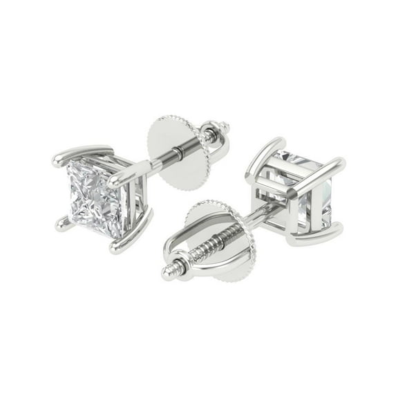 1 Ct Princess Cut Studs Clear Crystal 18K White Solid Gold Everyday Dainty Earrings Screw Back