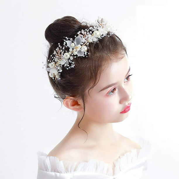 Wedding Hair Accessories for Kids, Princess Headpiece White Flower Headband  Pearl Hair Dress for Girl and Flower Girls Cute Bridal Wedding Hair Band 