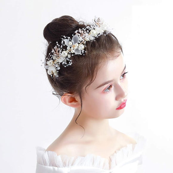 Diadema de flores para boda para niña, cuentas de cristal con perlas de diamantes de imitación, accesorios para el cabello de vid dorada de hadas para niña pequeña, Tiara de princesa Halo