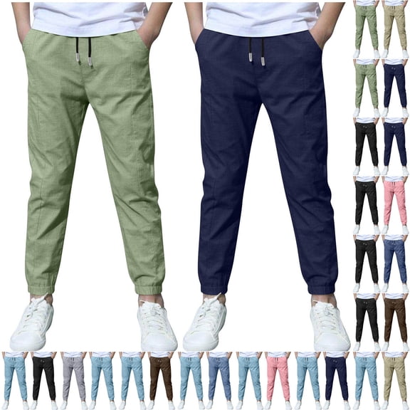 ibuvkizy Summer Linen Boys Pants School Uniform Elastic Waist Drawstring Trousers Solid Color Kids Chino Pants 2PC Casual Loose Twill Jogger Pants with Pockets
