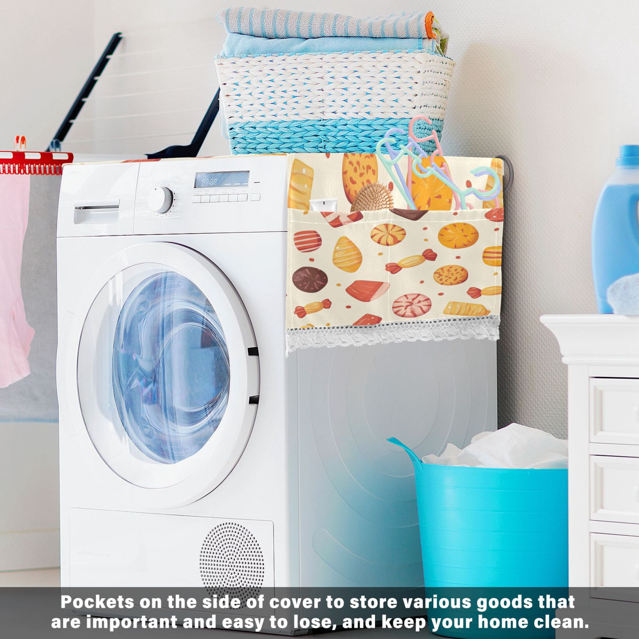Candy and Snacks PatternWasher and Dryer Covers Dust-Proof and Oil Resistant Fridge Cover with 4 Storage Pockets Washing Machine Top Cover for Laundry Kitchen Home 51.2 x 22 In