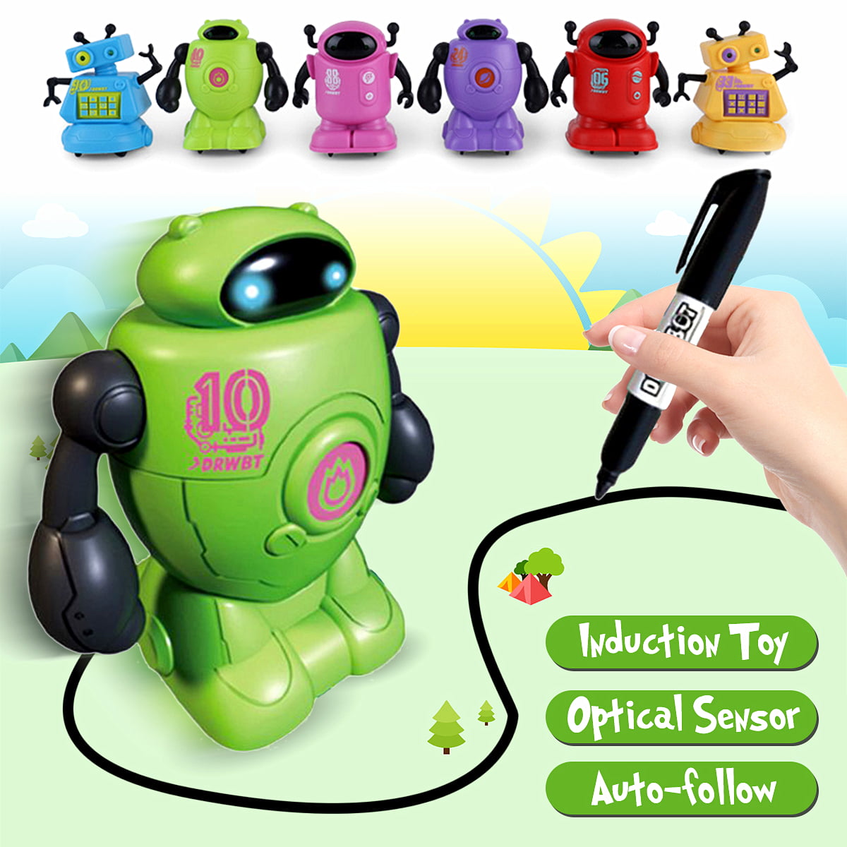 Lovely Auto-induction Robot Follow Drawn Line Toy Inductive Model w/ Pen & Paper 