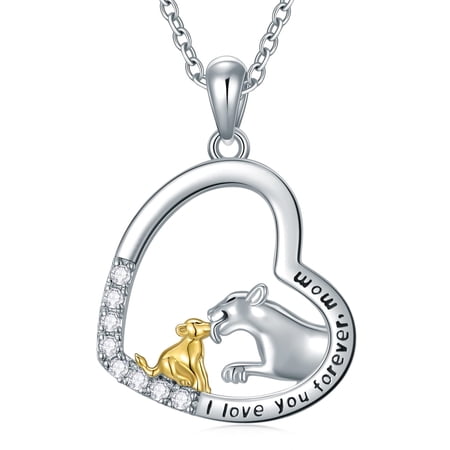 MYSTICPOEM Lion Necklace for Women Sterling Silver Mama Lion Necklace Love Heart Necklace Animal Pendant Jewelry for Women Birthday Gifts