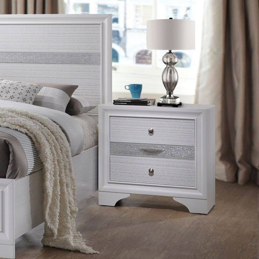 White 2-Drawer Nightstand with Silver Knobs and Trim