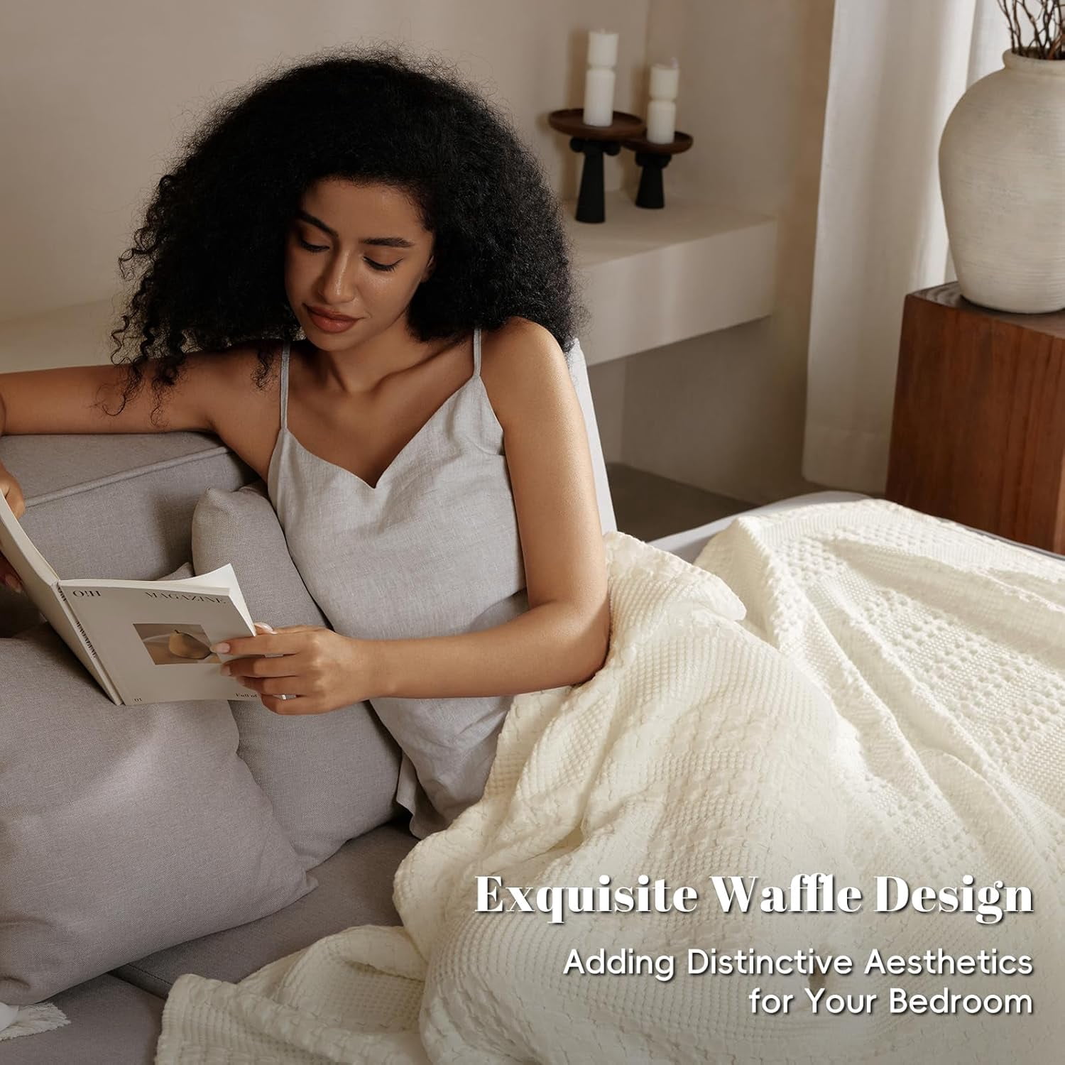 PHF 100% Cotton Waffle Weave Blanket, Lightweight Twin Washed Blanket for Bed Sofa Home Decor, Cannoli Cream, 66"x90"