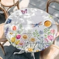thumbnail image 2 of Wildflowers Round Tablecloth, Fitted Table Cover with Elastic for 55"-60" Round Tables, Spring Farmhouse Tulip Floral Leaf Wooden Grain Table Cloth Outdoor Indoor Dinning Party Waterproof Tablecloths, 2 of 7