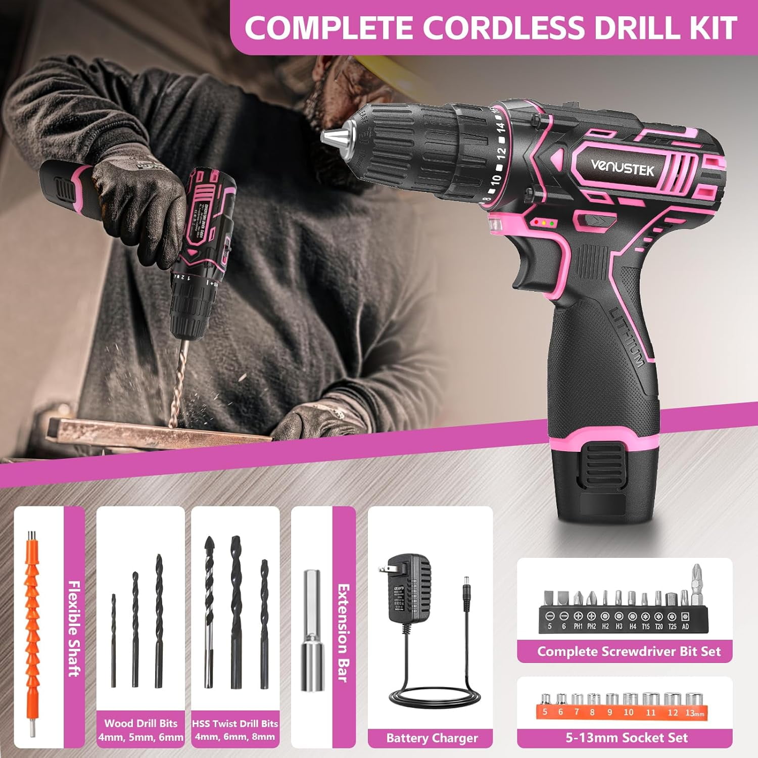 Cordless Drill Set 12V Power Drill with Battery and Charger, 2-Speed Electric Drill with 3/8" Keyless Chuck