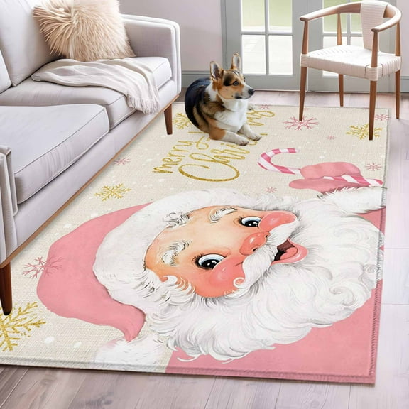 Pink Santa Christmas Area Rug 4x6 Washable Rug Non Slip Xmas Snowflake Winter Rustic Large Area Rug Indoor Floor Carpet for Entryway Bedroom Kitchen Living Room Home Office Dining Room Nursery