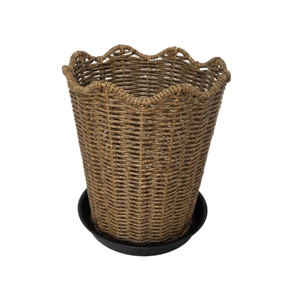 Woven Wicker Urn-Style Planters Vase, Vaso Decorativa De Rattan V with Black Tray, 8.66", 1Count, Dark Brown, by EVAMOKE