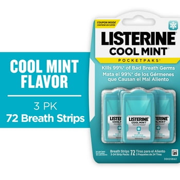 Listerine Cool Mint PocketPaks Fresh Breath Strips, 3 x 24-Strip Pack