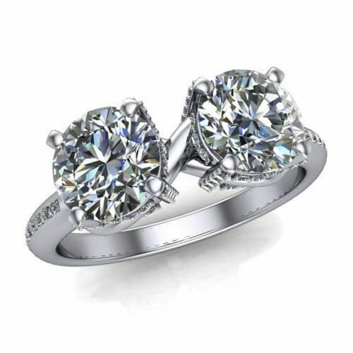 HeartsAndYou 3ct Round Cut Moissanite Two Stone Cocktail Engagement Ring for Women 18k White Gold over Silver For Women Stylish