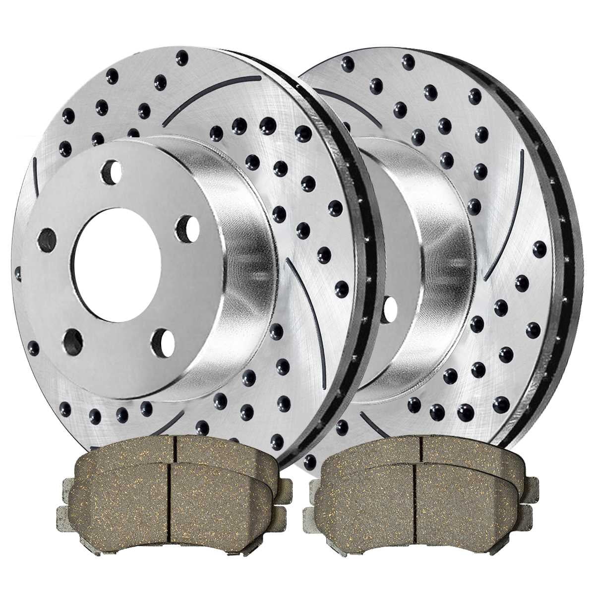 AutoShack Front Drilled Slotted Brake Rotors Silver and Ceramic Pads
