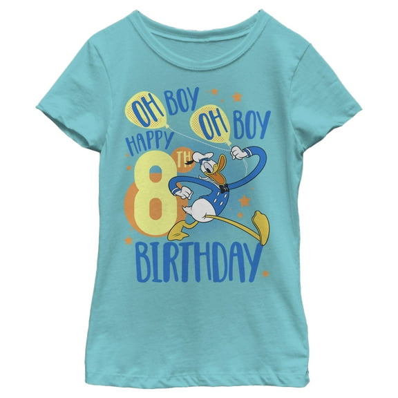 Girl's Mickey & Friends Donald Duck Oh Boy Happy 8th Birthday  Graphic Tee Tahiti Blue Small