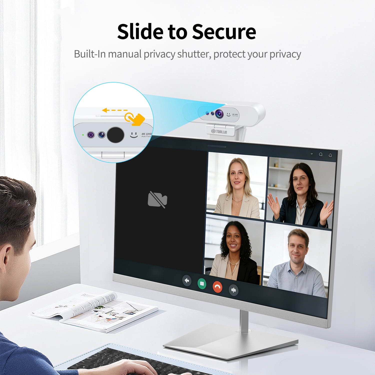 TOALLIN 5MP QHD 2K Webcam with Privacy Cover & 90° field of view delivers,Built-in Microphone,Wide Compatibility ,Plug-and-Play