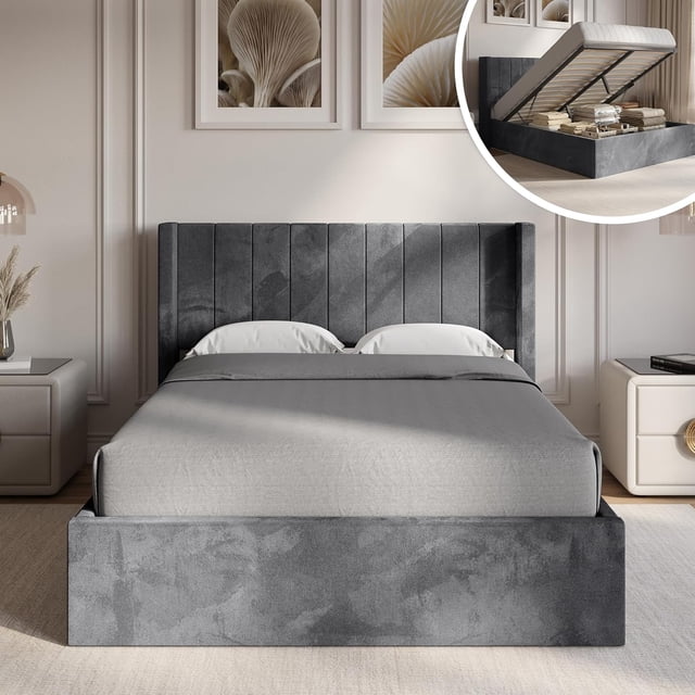 Placida Decor Ventus Storage Bed Double - Dark Grey Velvet Upholstered Platform Frame with Lift-Up Space, Wooden Headboard, Box Spring Not Required