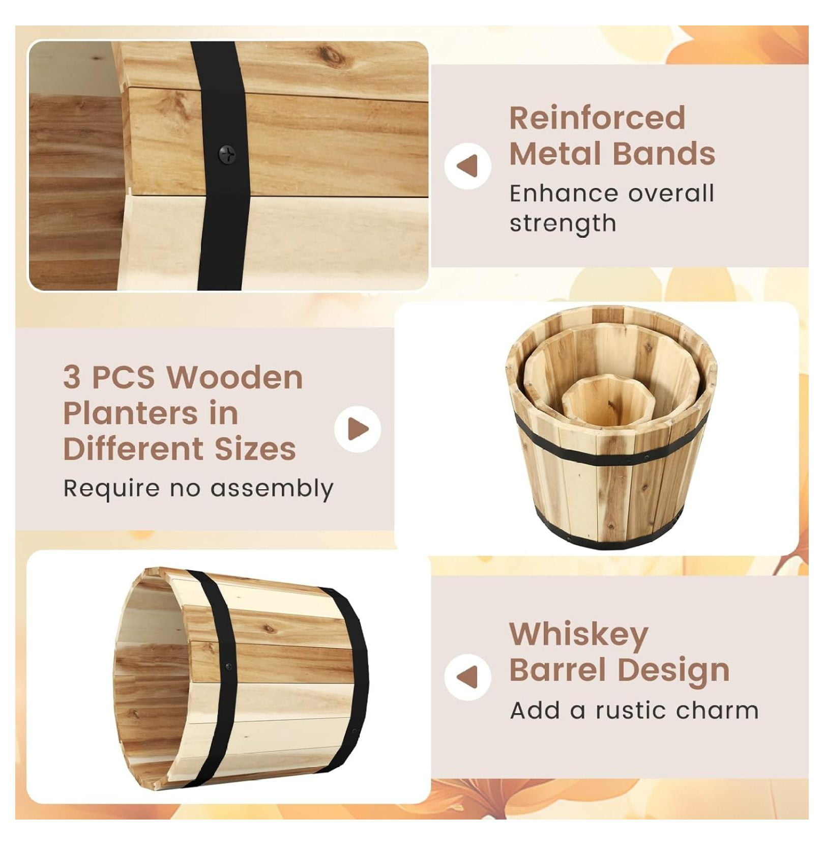 Wooden Plant Pots, 3-Piece Whiskey Barrel Planters w/ Drainage - Indoor Outdoor Flower & Herb Pots for Patio, Garden, Home Decor