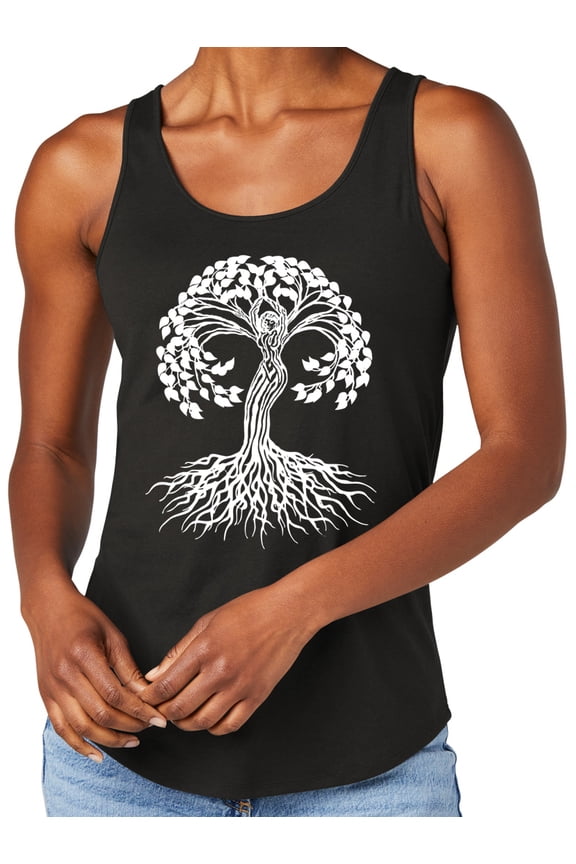 Women's White Celtic Tree Moisture-Wicking Relaxed Yoga Tank Top, Extra-Small Black