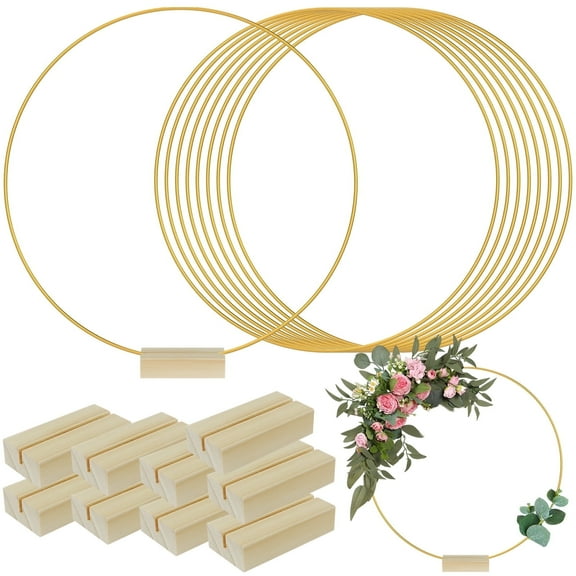 NUAHRHY 10pcs Metal Floral Hoop Centerpiece 12inch Round Macrame Gold Hoop Ring with Wood Stands for Wedding Birthday Party