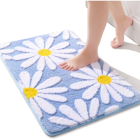 Sortora Blue Bathroom Rugs Cute Daisy Bath Mat White and Yellow Flower Decor Rug Non Slip Floor Carpet Microfiber Bathmat Super Absorbent Machine Washable Bathtub Mats for Shower (16x24 inch)