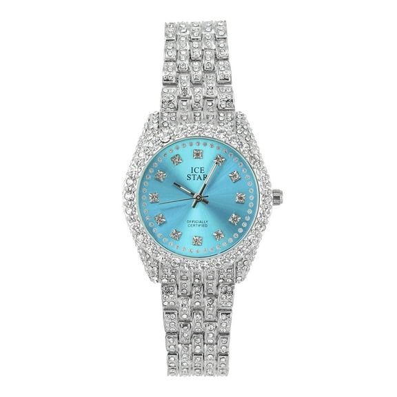 Elegant Women's 32mm Iced Diamond Watch - Shiny Sleek Dial with Sparkling Simulated Crystals - Adjustable Bling-ed Metal Band - Luxury Timepiece - Silver Tone Finish